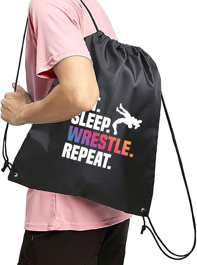 Haizct Eat Sleep Wrestle Repeat Backpack, Gifts for Wrestle Fans, wrestler Gift, Unisex Drawstring Backpack Bag for Gym Shopping Sport Yoga Dance Rehearsa