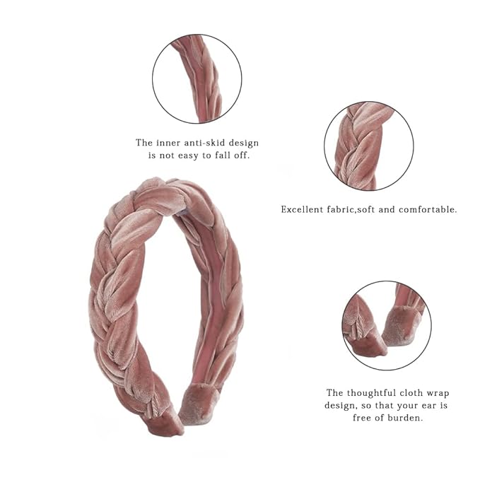 Madison Tyler Thick Headbands for Women | Pink Velvet Braided Cute Handmade Makeup Hair Band for Girls Thin Hair | Skincare and Boho Spring Headband for Washing Face