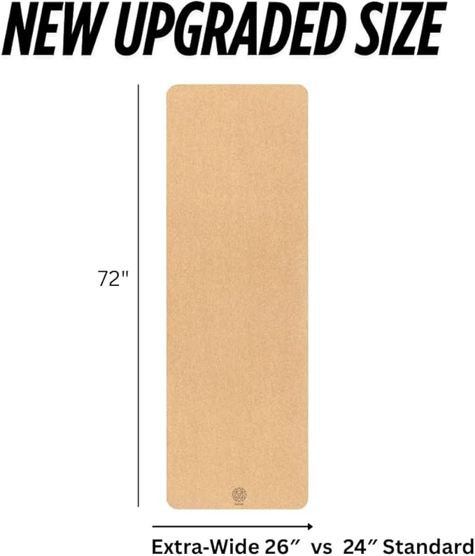 Cork Yoga Mat with Natural Rubber Base, Extra Size, Thickness and Support, Excellent Cushion & Grip, Non-Slip, Non-Toxic, Sweat-Resistant, Sustainable, Eco-friendly Exercise Mat