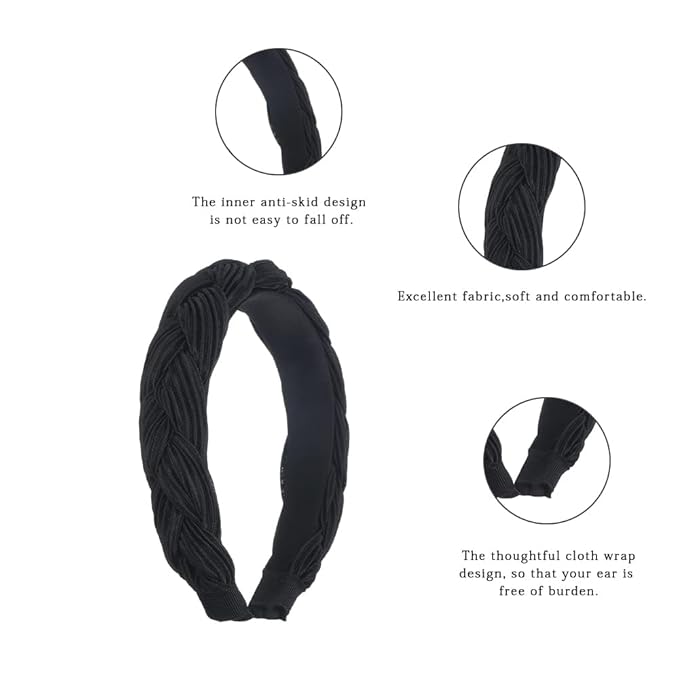 Madison Tyler Thick Headbands for Women | Wide Black Velvet Braided Cute Handmade Makeup Hair Band for Girls Thin Hair | Skincare and Boho Spring Headband for Washing Face