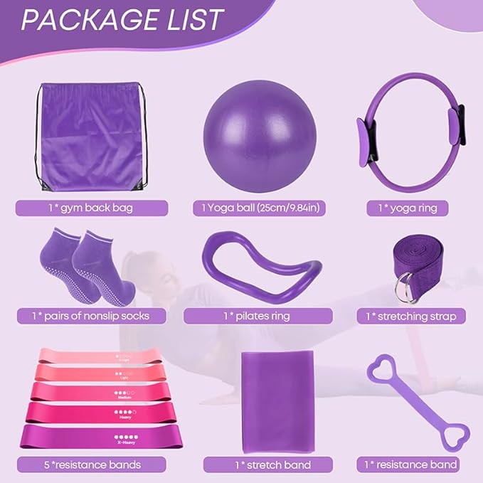 13 Pcs Pilates Essentials Kit for Women, Home Workout Equipment Set with 9.8” Ball, Magic Circle, Accessories, Perfect for Beginners to Toning & Fitness, Pink