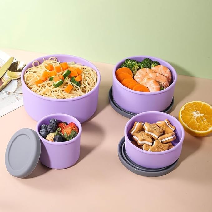 KSENDALO 4-Piece Silicone Food Storage Container Set with Lids (1300mL to 250mL) – Reusable, Leak-Proof for Meal Prep, Lunch, Travel & Camping-Purple