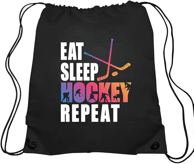 Haizct Eat Sleep Hockey Repeat Backpack, Gifts for Hockey Fans, Gymnasts Gift, Unisex Drawstring Backpack Bag for Gym Shopping Sport Yoga Dance Rehearsa