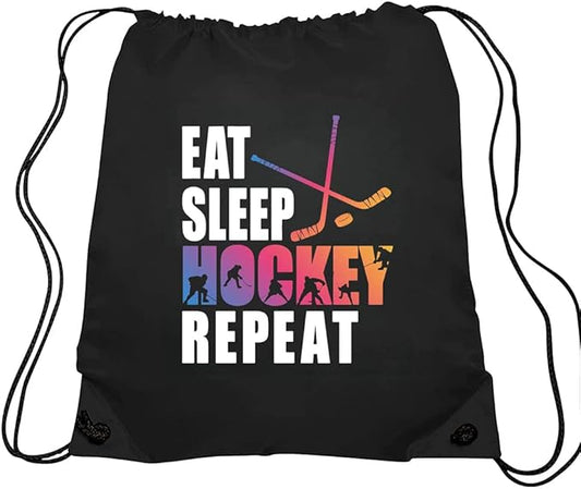 Haizct Eat Sleep Hockey Repeat Backpack, Gifts for Hockey Fans, Gymnasts Gift, Unisex Drawstring Backpack Bag for Gym Shopping Sport Yoga Dance Rehearsa