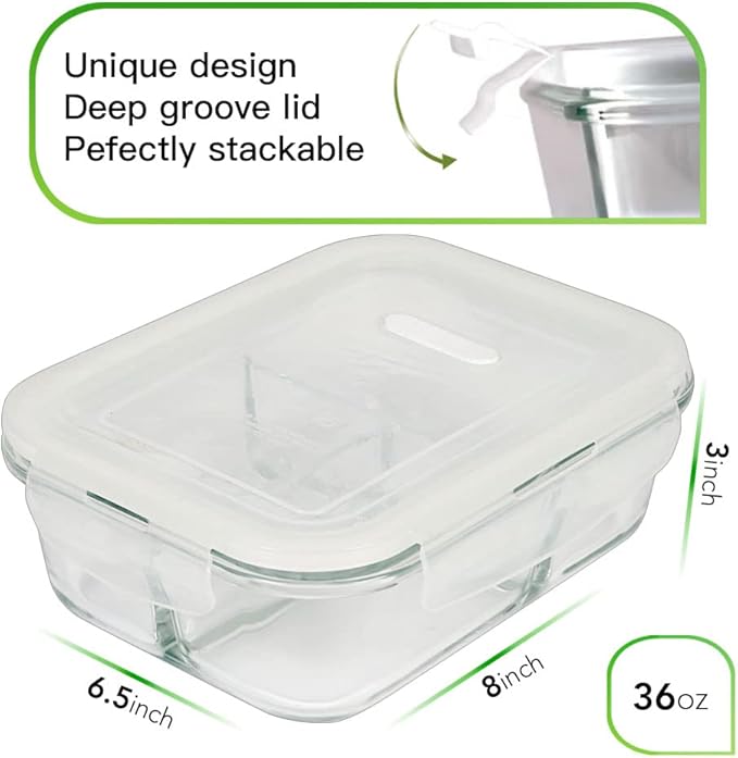 DAS TRUST 3 Pack Bento Box Glass Meal Prep Containers - 3 Compartment Glass Food Storage Containers with Lids - Lunch Box Meal Prep Bowls - Oven Safe