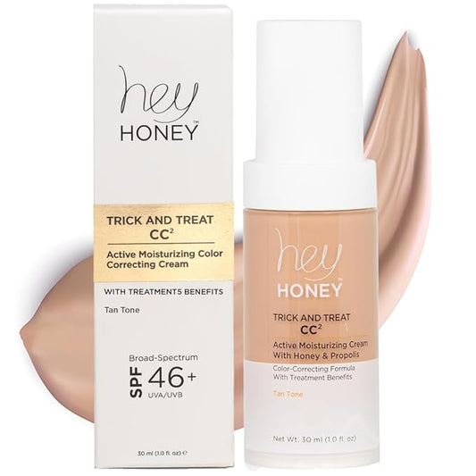 Hey Honey Trick and Treat CC² Cream SPF 46 | Active Moisturizing Color Correcting Cream with Honey & Propolis | Best Cover For Rosacea, Skin Redness & Mature Skin | 1 oz (Tan Tone)
