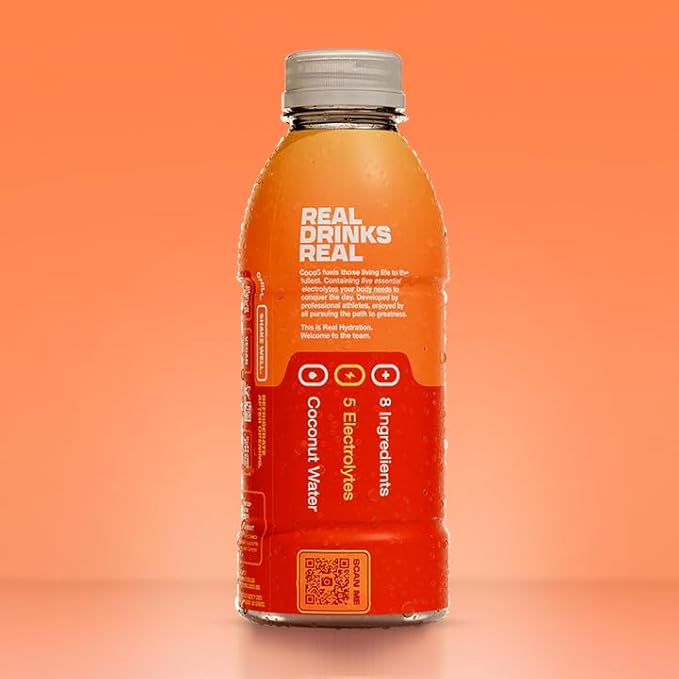 Coco5 Clean Sports Hydration Orange Flavor | 100% Natural | 50% Less Sugar | Nothing Artificial | Non-GMO | Gluten Free | Developed by Pro Trainers for Pro Athletes | 16.9 Oz (Pack - 12)
