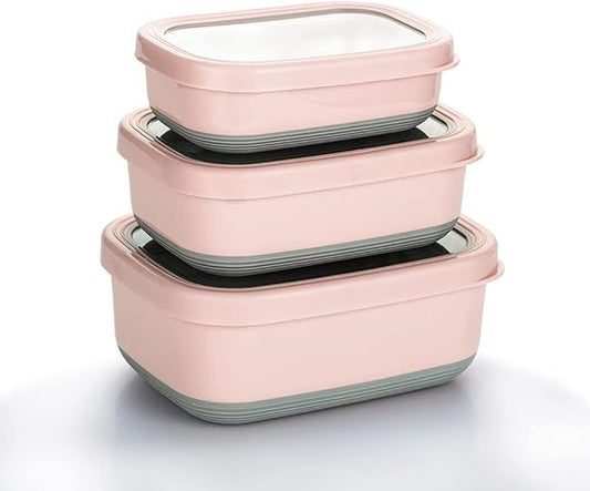 Lille Home Leak Proof Stainless Steel Lunch Snack Containers Set - Ideal for Educational Settings and Daycare - Nesting Trio with Silicone Lids - 47oz+30oz+16oz - Pink