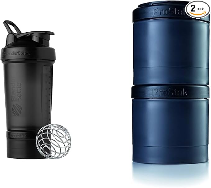 BlenderBottle Shaker Bottle with Pill Organizer and Storage for Protein Powder, ProStak System, 22 Ounce, Midnight Black & ProStak Twist n' Lock Storage Jars Expansion 2-Pak with Pill Tray, All Black