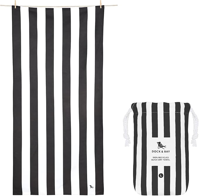 Dock & Bay Beach Towel - Quick Dry, Sand Free - Compact, Lightweight - 100% Recycled - Includes Bag - Cabana - Kamari Charcoal - Large (160x90cm, 63x35)