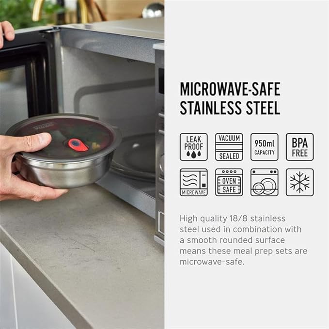 BLACK + BLUM Lunch Bowl - Reusable Meal Prep Containers for Picnic & Camping - Microwavable Stainless Steel Lunch & Dinner Food Storage Box with Leak Proof Lid - Dishwasher & Oven Safe - Medium 32oz