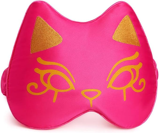 Silk Sleep Mask Blindfold Eye Mask for Sleep Cute Cat Print Embroidered Eye Cover Adjustable Oversized Egyptian Bastet with Gift Box&Pouch（Divine Fuchsi-Adjustable Strap）