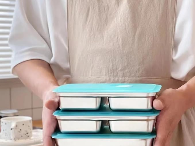 Stainless Steel Snack Containers for Kids and Adults [2/4/6-Pack Set] Reusable Food Storage Container Set with Lids-2 Compartment Bento Box for Lunch, Travel, Meal Prep- Leakproof & Dishwasher Safe(4)