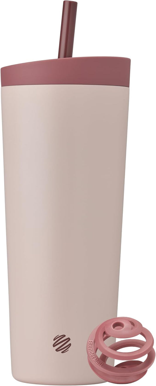 BlenderBottle 2-in-1 Insulated Stainless Steel Shaker Tumbler, Swig Leakproof Lid, Straw, BlenderBall, BPA Free, For Protein Shakes, Smoothies, And Pre Workout, 24 oz, Red/Tan (Sahara Sunset)