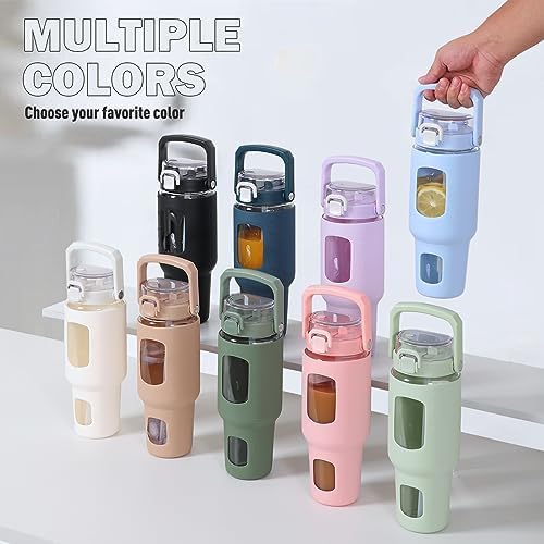 BLUEGO 40 oz Glass Water Bottle with Straw, Leakproof Glass Drinking Bottle with Time Marker and Silicone Sleeve, Wide Mouth Water Bottle for Travel, Gym, Workout, Amber