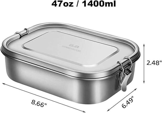 G.a HOMEFAVOR Stainless Steel Bento Lunch Box, Metal Lunch Container with 3-Compartment, 1400 ml, Ideal for Work & Travel, Meal Prep, Leak Proof, Dishwasher Safe