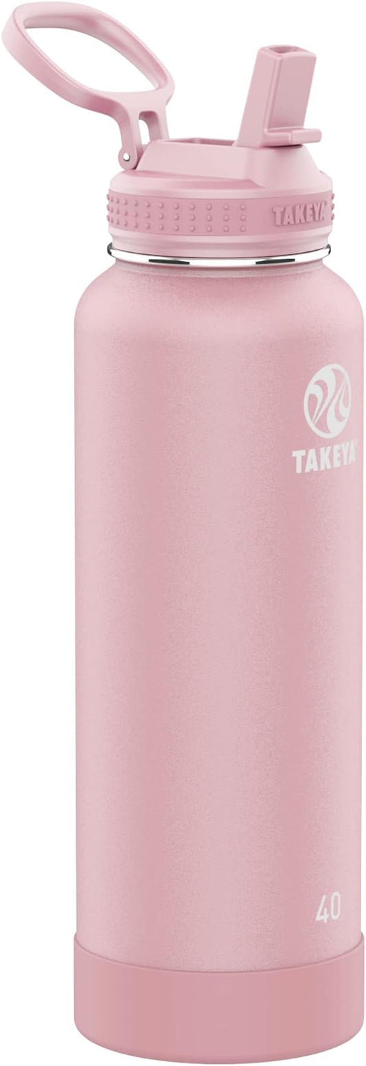 Takeya Actives Water Bottle with Straw Lid - Durable & Easy-Care Water Bottle with Stainless Steel Insulation - BPA-Free Lid with Carry Handle & Straw - Dishwasher-Safe - 40 oz, Blush