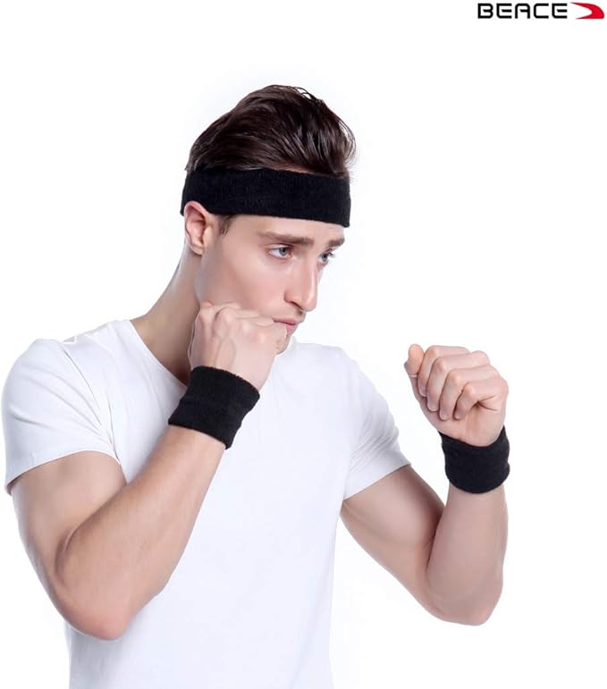 BEACE Sweatbands Sports Headband for Men & Women - 6PCS Moisture Wicking Athletic Cotton Terry Cloth Sweatband for Tennis, Basketball, Running, Gym, Working Out