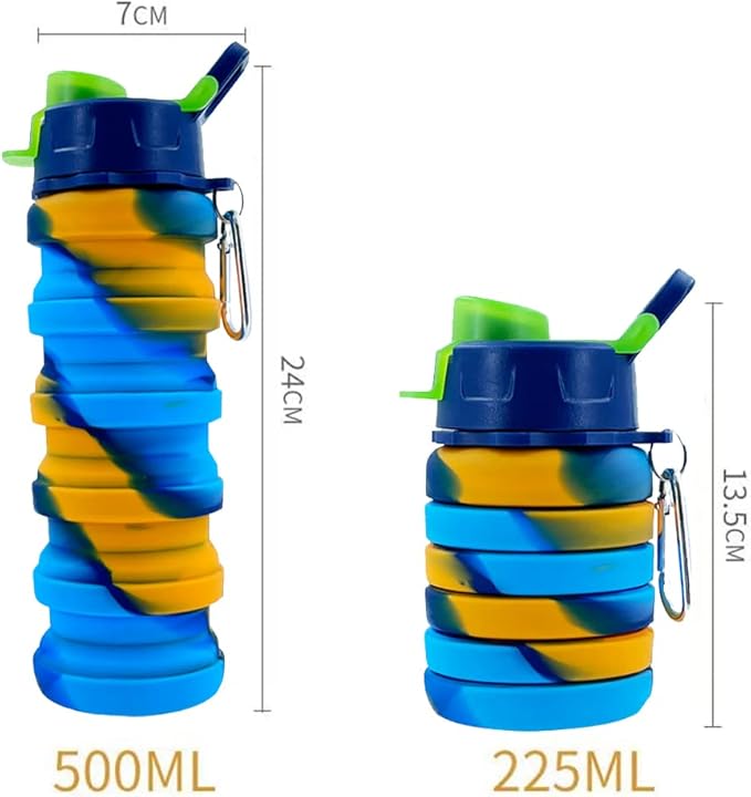 Collapsible Silicone Water Bottles 2 Pack - 500ml Portable Expandable Sport Bottle with Carabiner for Travel & Camping (Yellow Camouflage + Rose Red)