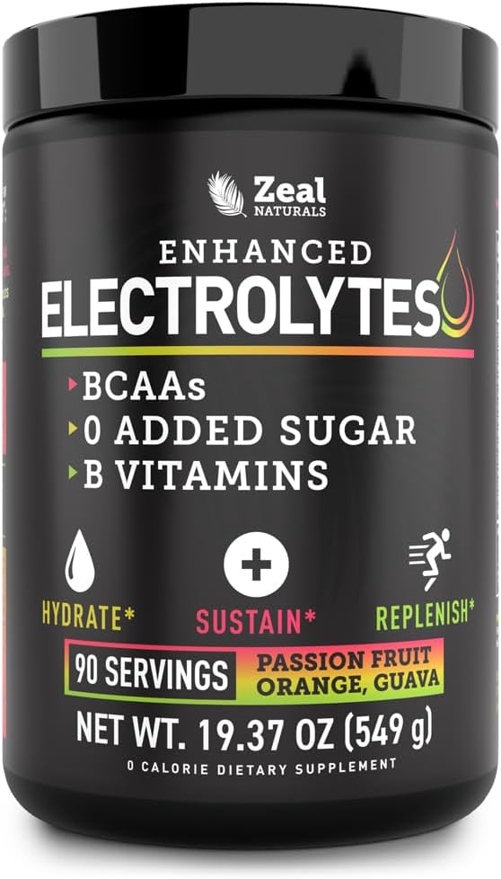 Enhanced Electrolyte Powder (Passion Fruit Orange Guava | 90ct.) w/ 0 Sugar +BCAAs +B-Vitamins Electrolyte Supplement w Potassium Zinc & Magnesium for Hydration - Keto Electrolytes