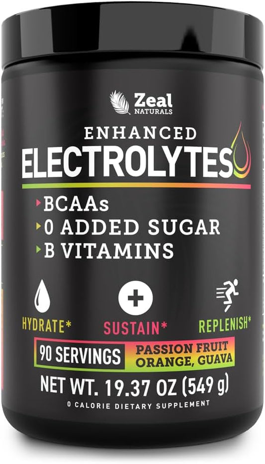 Enhanced Electrolyte Powder (Passion Fruit Orange Guava | 90ct.) w/ 0 Sugar +BCAAs +B-Vitamins Electrolyte Supplement w Potassium Zinc & Magnesium for Hydration - Keto Electrolytes
