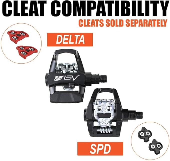 BV Bike Pedals Shimano SPD/Look Delta Compatible 9/16'' with Toe Clips - Peloton Pedals for Regular Shoes - Toe Cages for Peloton Bike - Exercise Bike Pedals - Universal Fit Bicycle Pedal