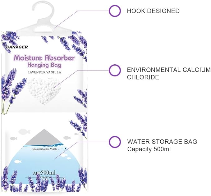 CANAGER Moisture Absorber -12 Pack,Lavender Vanilla Hanging Humidity Bag,Home,Car, and Closet Dehumidifiers and Deodorizers (12.5OZ)