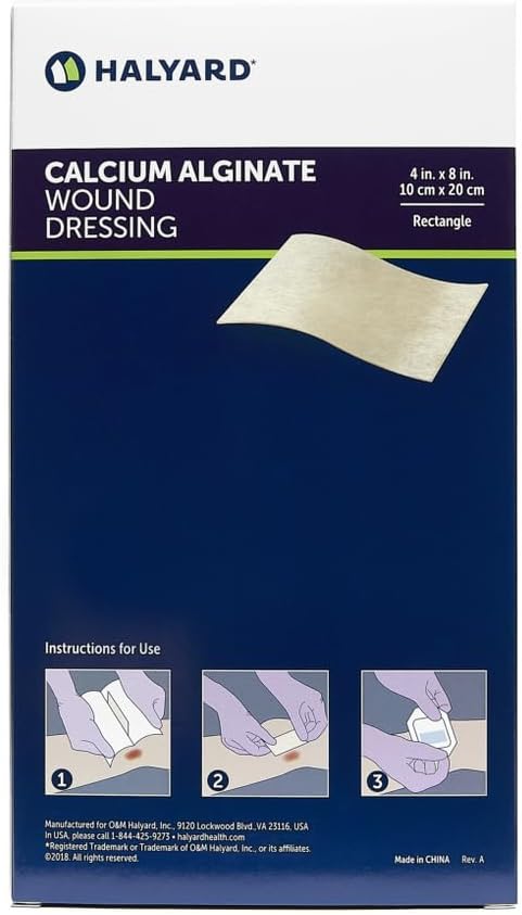 HALYARD Calcium Alginate Wound Dressing, Gentle Adhesive Highly Absorbent Conformable Design, Maintains Structural Integrity 4 Inch x 8 Inch (Box of 10)