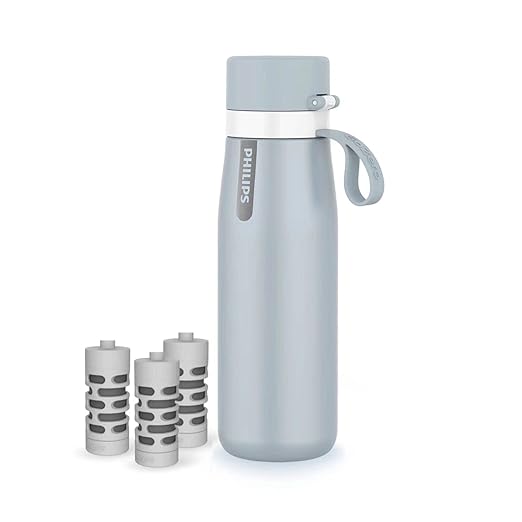 PHILIPS Water Bottle with Filter, Filter Water Bottle Stainless Steel with GoZero Everyday BPA-Free Tap Water Filter, Water Filter Bottle Keep Drink Cold 24 Hours, 3 Filters for 120 gal / 6 Months