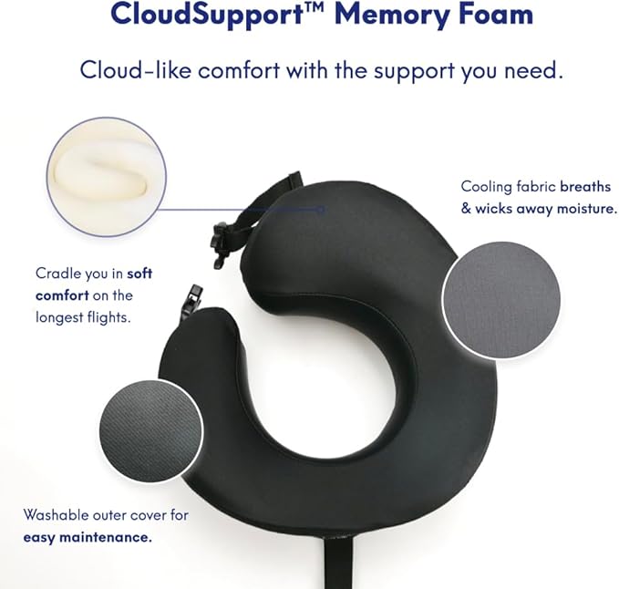 C CUSHION LAB Extra Support Travel Pillow, Award-Winning Patented Ergonomic Design for Chin & Neck Support Memory Foam Neck Pillow, Compact Airplane Pillow for Traveling, Flight, Car (Black, Large)
