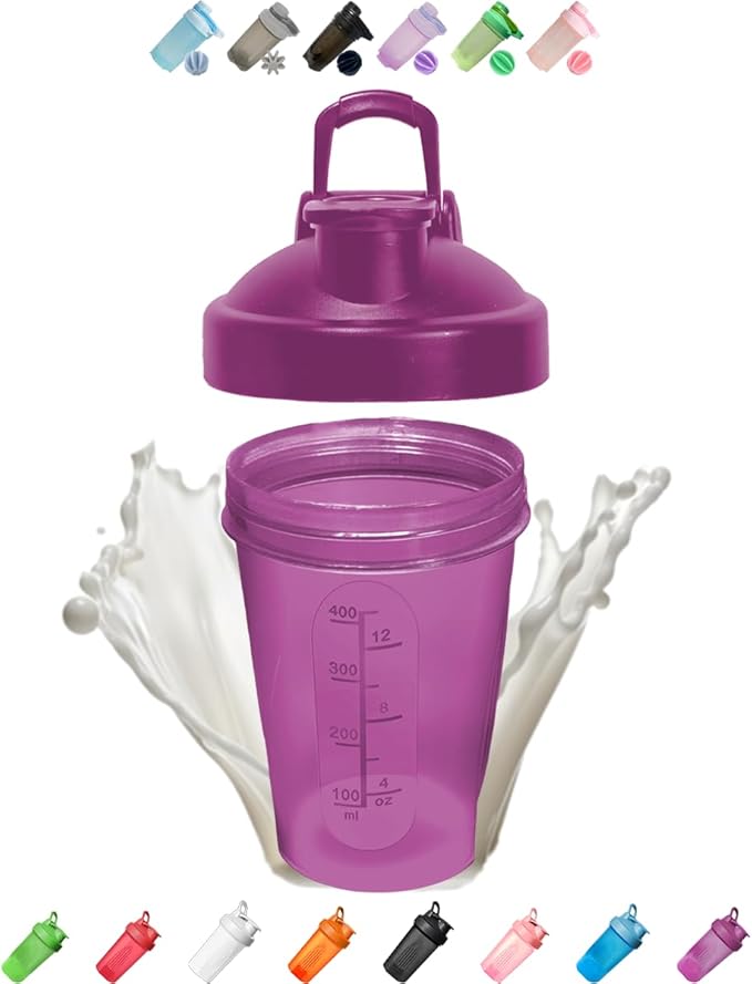 Shaker Bottle A Small Pure Plum Purple 12Oz/400ml w. Measurement Marks & Stainless Whisk Blender Mixer Ball,BPA Free,Made of PP5,-4~248 °F,Perfect for Nutrition/Protein/Keto/Juice Powder Shaking