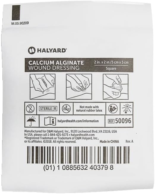 HALYARD Calcium Alginate Wound Dressing, Gentle Adhesive with Highly Absorbent Conformable Design, Maintains Structural Integrity 2 Inch x 2 Inch (Box of 10)