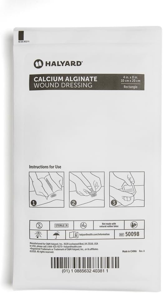 HALYARD Calcium Alginate Wound Dressing, Gentle Adhesive Highly Absorbent Conformable Design, Maintains Structural Integrity 4 Inch x 8 Inch (Box of 10)