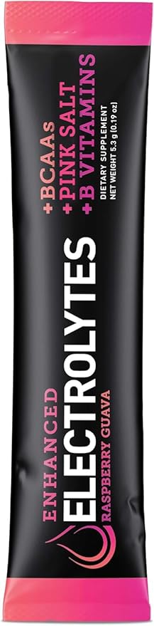 Enhanced Electrolyte Powder Stick Packs (Raspberry Guava | 20 Packets) w/ 0 Sugar +BCAAs +B-Vitamins Electrolyte Supplement w Potassium Zinc & Magnesium for Hydration - Keto Electrolytes