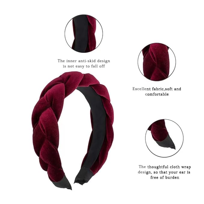 Madison Tyler Thick Headbands for Women | Red Velvet Braided Cute Handmade Makeup Hair Band for Girls Thin Hair | Skincare and Boho Spring Headband for Washing Face