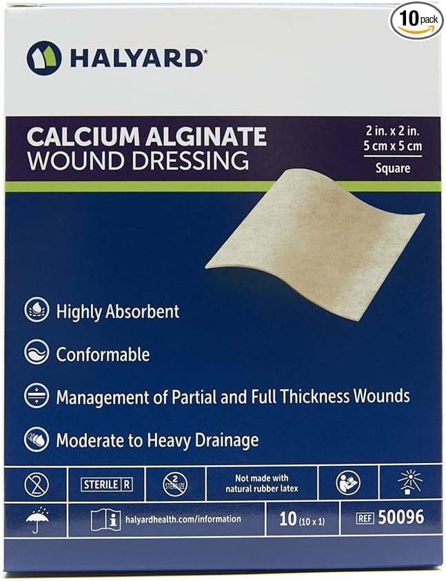 HALYARD Calcium Alginate Wound Dressing, Gentle Adhesive with Highly Absorbent Conformable Design, Maintains Structural Integrity 2 Inch x 2 Inch (Box of 10)