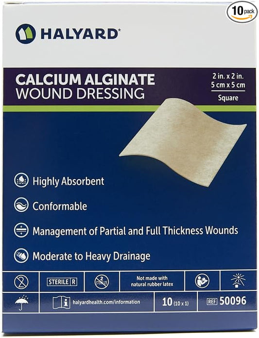 HALYARD Calcium Alginate Wound Dressing, Gentle Adhesive with Highly Absorbent Conformable Design, Maintains Structural Integrity 2 Inch x 2 Inch (Box of 10)
