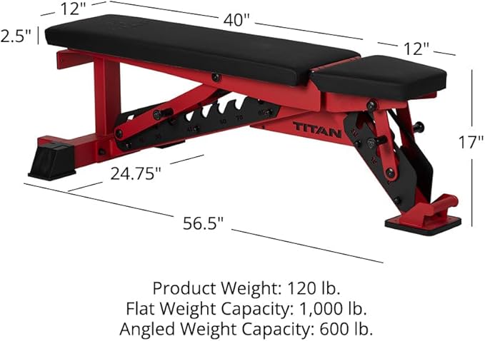 Titan Fitness TITAN Series Adjustable Bench, Supports 600 LB Incline, 1,000 LB Flat, Versatile Single Post Utility Workout Bench for Home Gym, Weightlifting, Strength Training