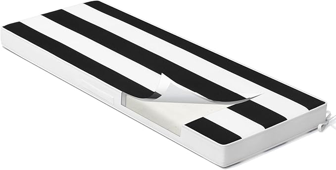 Crestlive Products Outdoor Bench Cushion 48 x 18 Inch, Waterproof Patio Bench Cushions for Outdoor Furniture, Porch Swing Replacement Pad with 30D Foam, Adjustable Straps, Black White Stripe