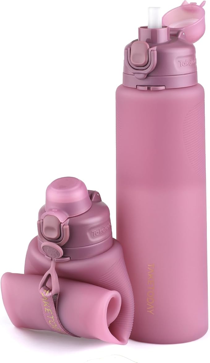 TakeToday Collapsible Water Bottles 32oz, Foldable Travel Water Bottle, BPA Free, Silicone Water Bottle Leakproof for Hiking, International Travel, Outdoors