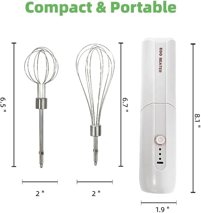 Cordless Hand Mixer, Foldable Design Handheld Electric Whisk with 3 Speed Modes, Hand Held Egg Beater with 2 Detachable Stir Whisks (White)