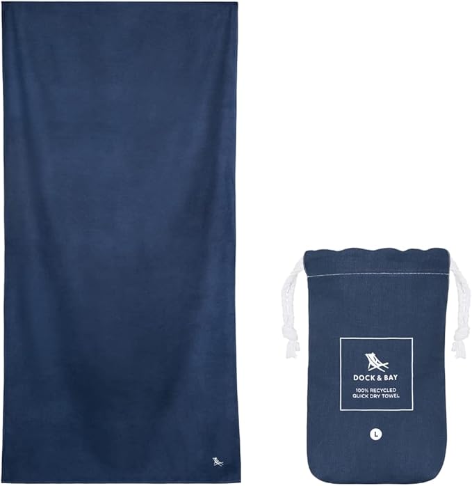 Dock & Bay Beach Towel - Quick Dry, Sand Free - Compact, Lightweight - 100% Recycled - Includes Bag - Essential - Deep Sea Navy - Large (160x90cm, 63x35)