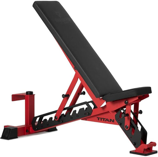 Titan Fitness TITAN Series Adjustable Bench, Supports 600 LB Incline, 1,000 LB Flat, Versatile Single Post Utility Workout Bench for Home Gym, Weightlifting, Strength Training