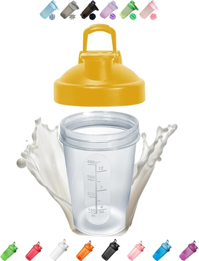Blender Shaker Bottle Classic Loop Top& Stainless Whisk Ball-Protein Small-16 oz Whisk Ball, Secure Screw-On Lid, Dishwasher Safe & BPA Free Sports Bottle, YellowClear, Clear Body-16 Oz
