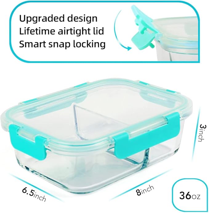 DAS TRUST 3 Pack Food Storage Containers 2 Compartments Glass Meal Prep Containers with Lids for Adult Food Prep Container with Dividers Reusable Lunch Bento Box