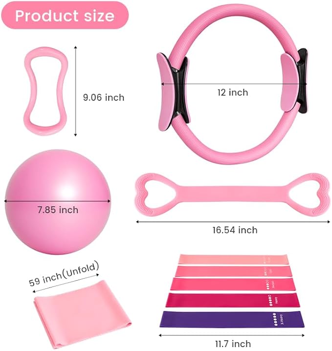 Home Pilates Essentials Kit for Women, with 5 Resistance Bands - Magic Circle Pilates Kit for Home Toning, Includes Yoga Ball, Stretch Strap & Gym Bag (13-Piece Complete Starter Set)