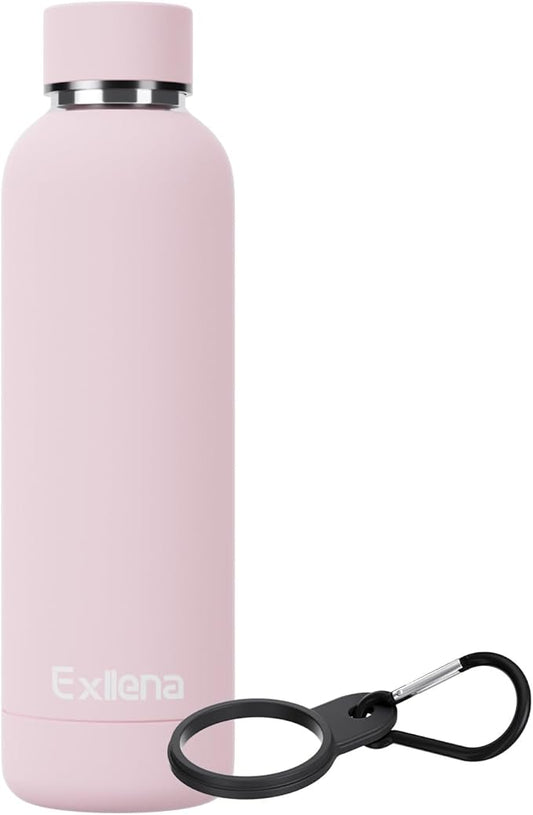 Slim Insulated Water Bottles for Travel 18oz with Clip, Double Wall Vacuum Stainless Steel Water Bottle Keeps Drinks Cold 24 Hrs/Hot 12 Hrs, 100% Leakproof, BPA Free(Pink)