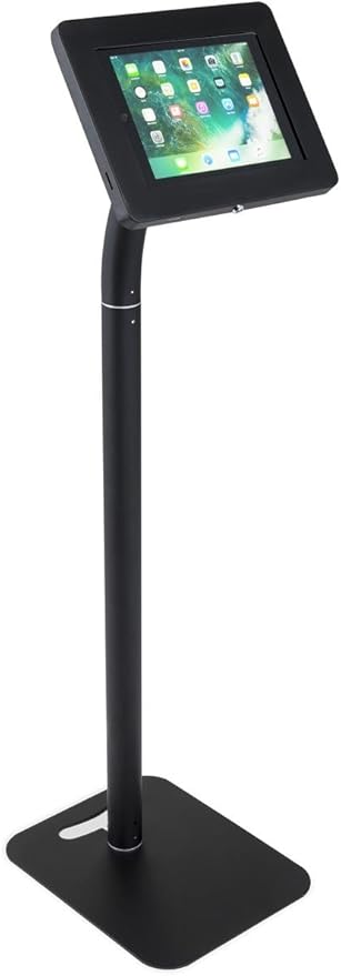 Displays2go Tablet Floor Stand with Locking Enclosure, Adjustable for Countertop Use – Black (IPEVRFLBK2)