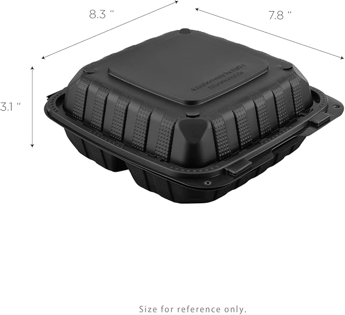 KARAT EARTH Clamshell Take Out Food Containers [8"x8" - 200 ct] To Go Containers | 3 Compartment, Soak-Resistant, Durable, Stackable | Vented for Hot/Cold Foods, Black