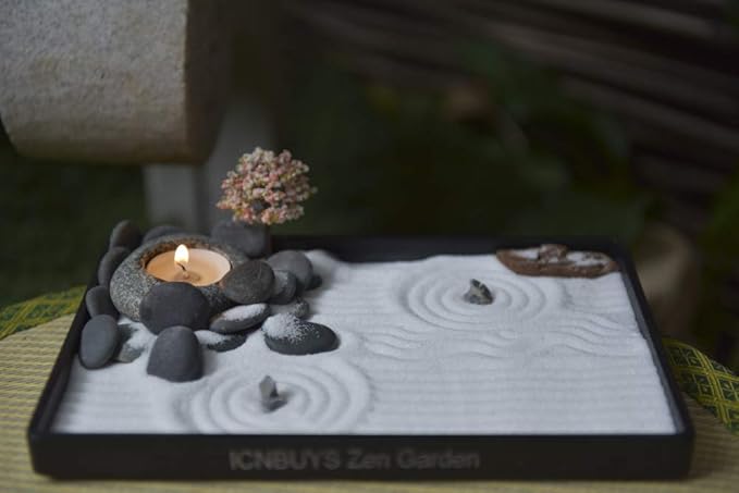 Handmade Zen Garden Pebble Tealight Candle Holder Set Quiet Spring with Free Zen Garden Tools, Sand, Base Tray and Accessories